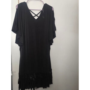 Women's DOTTI Black Cold Shoulder Fringe Dress M